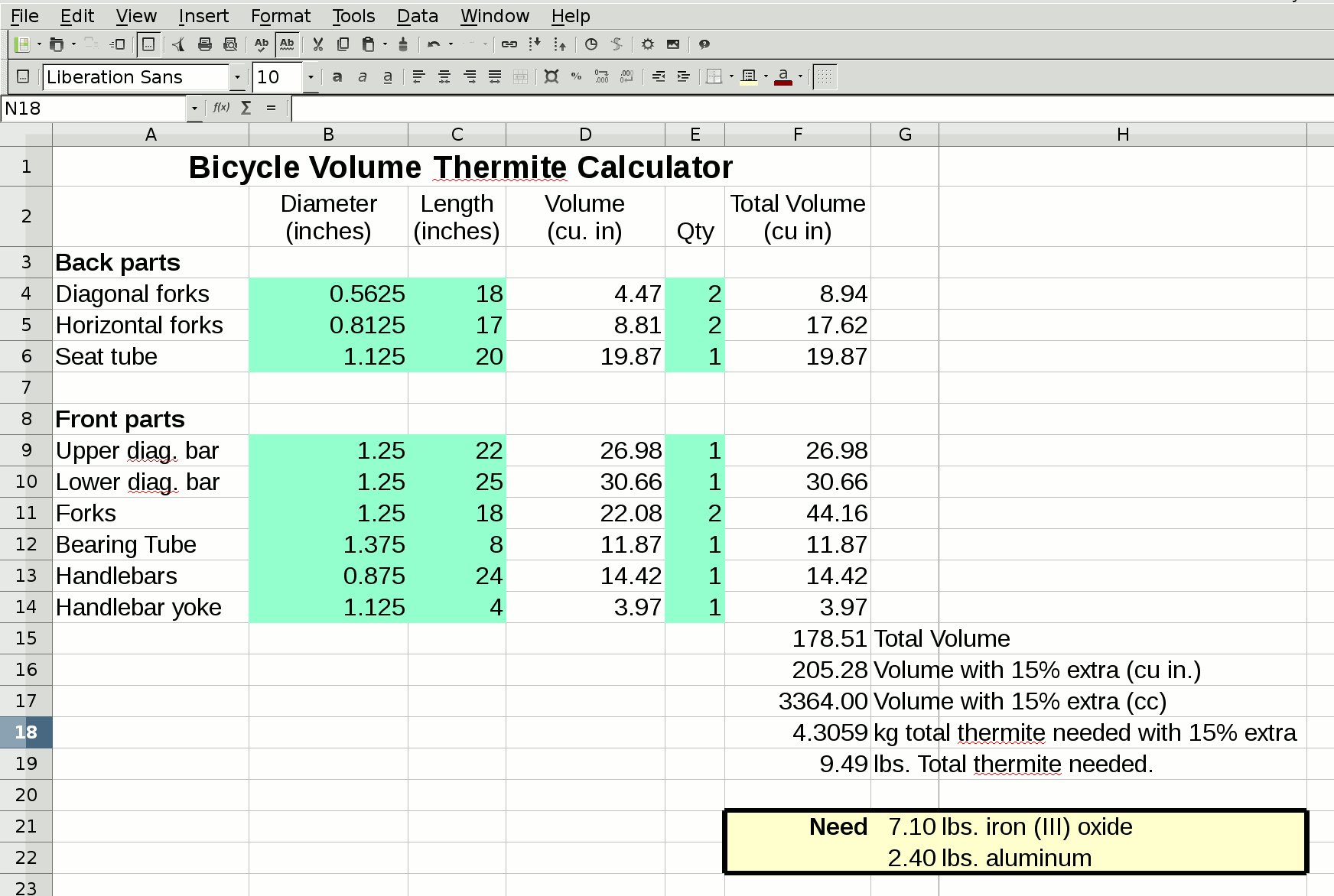 This spreadsheet calculates the amount of thermite needed to vaporize a bicycle.